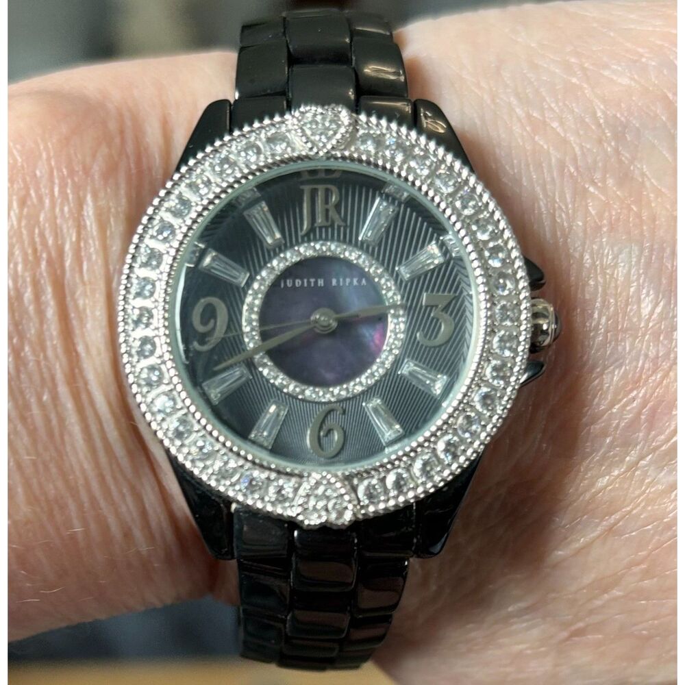 Vintage Judith Ripka Black Ceramic & Stainless Steel Diamonique Bracelet Watch
